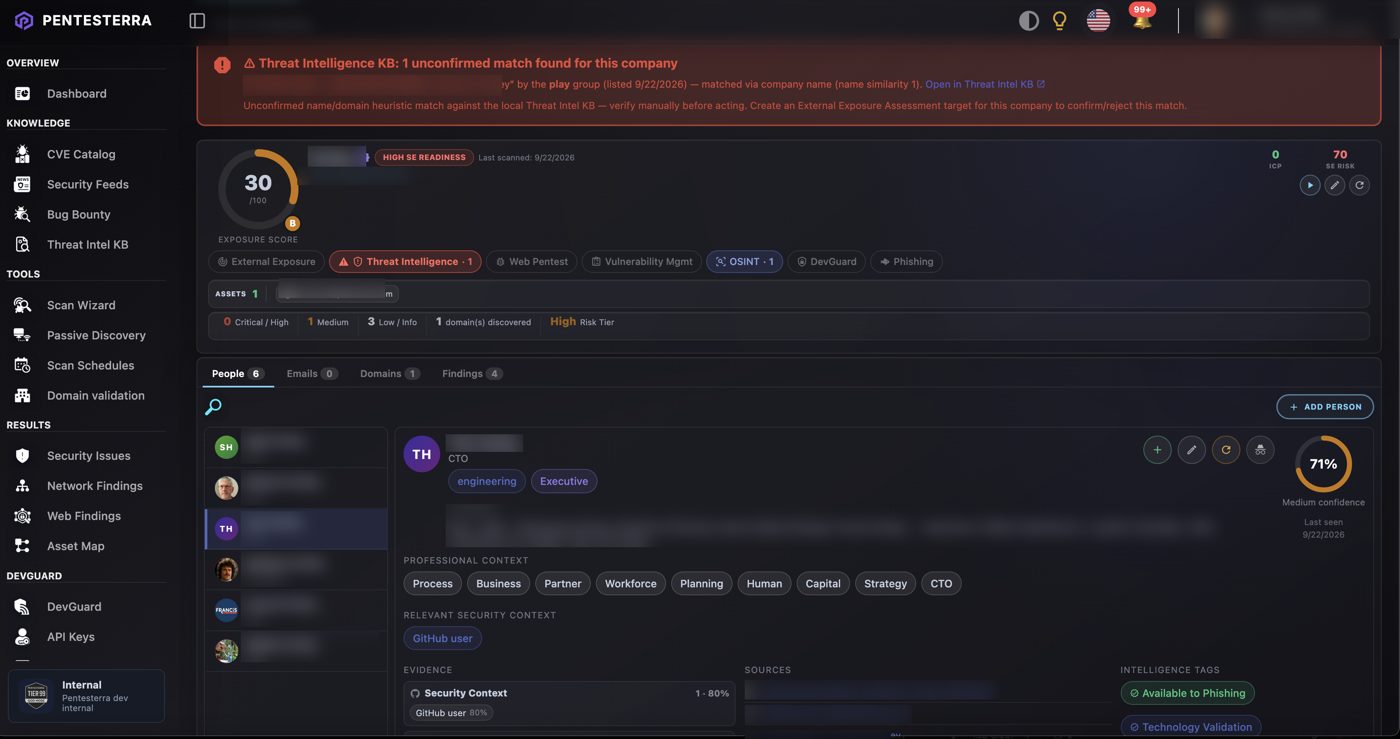 Pentesterra person intelligence view: a CTO's profile with a raw LinkedIn search snippet naming a prior employer, sources, and evidence links